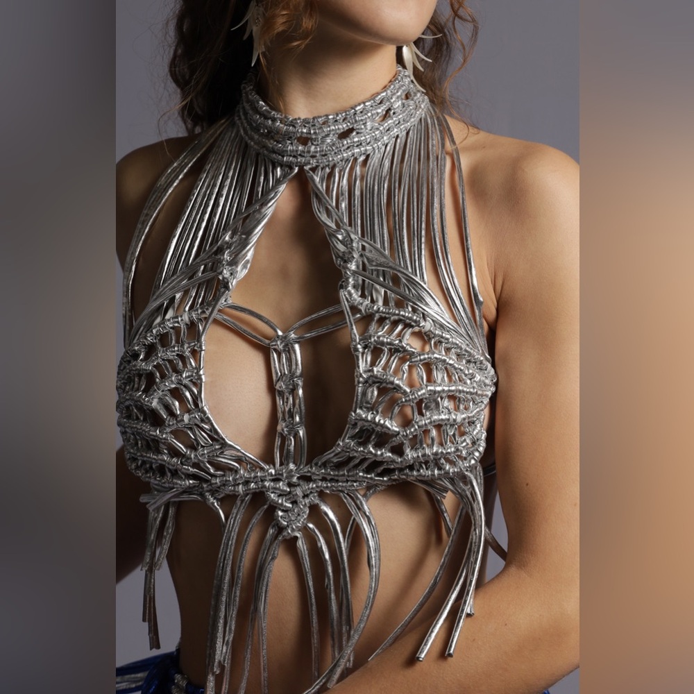 Original GoodVibeGoda Handmade Macramé Rope Silver Fringe Halter Top